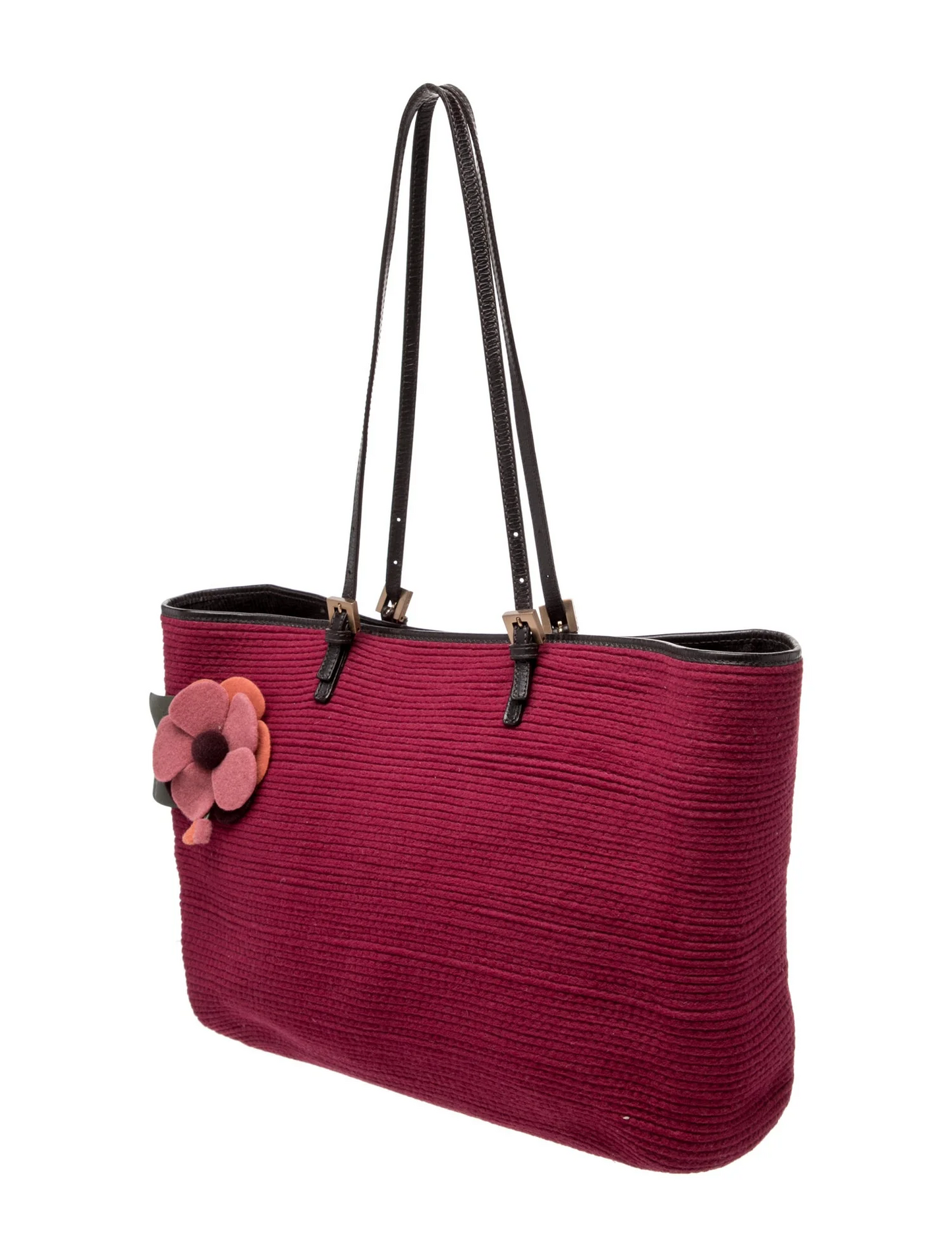 Fendi dark red wool & leather roll tote with a leather flower accent