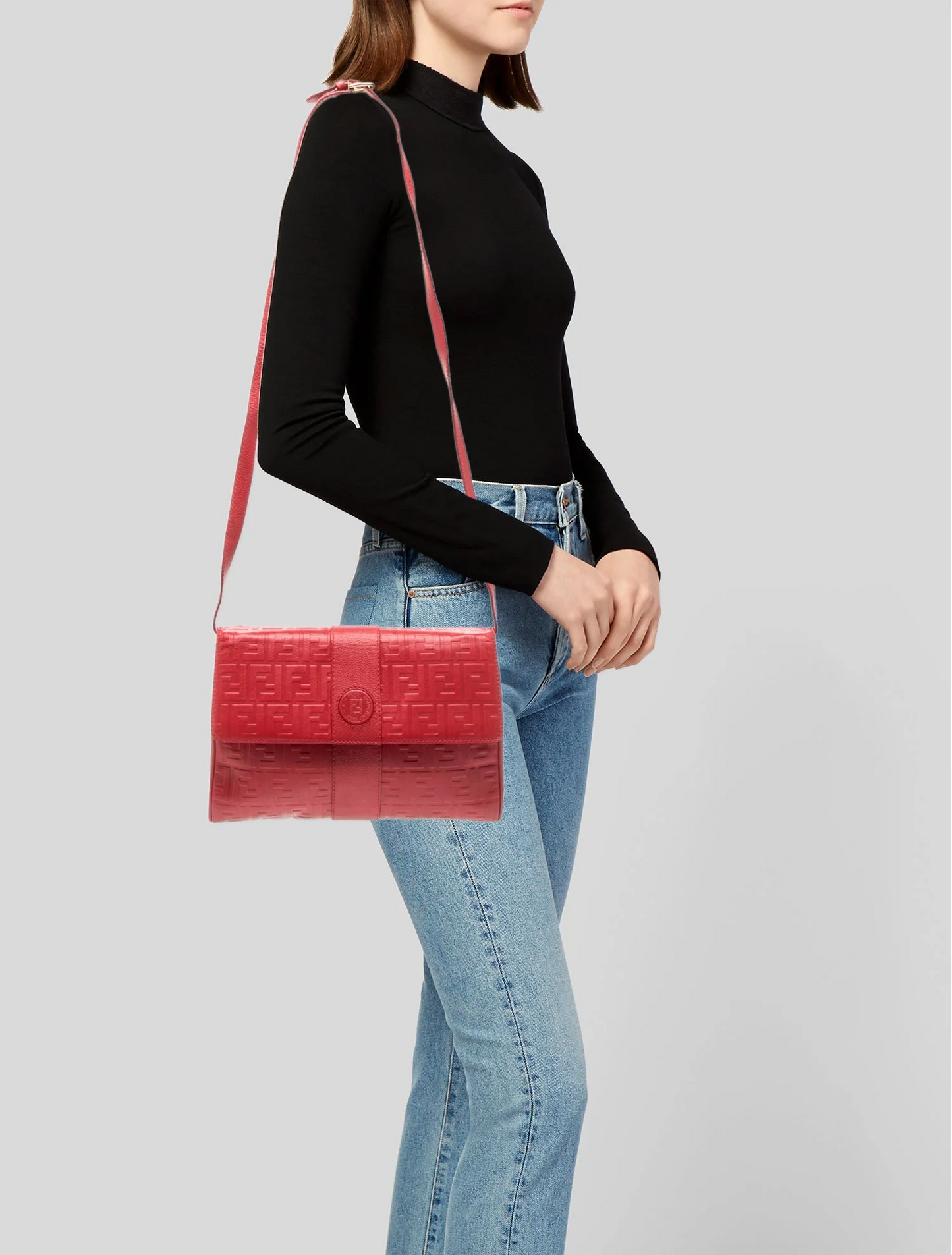 Fendi red leather two- way purse with a Zucca embossed print