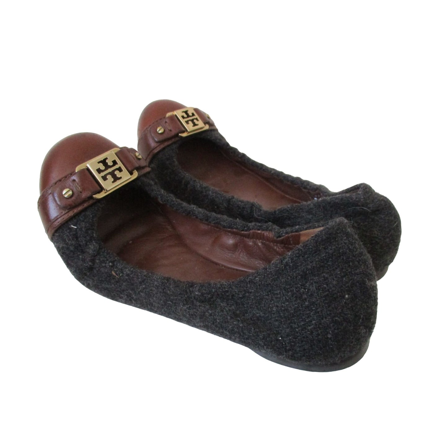 Tory Burch color block brown leather & grey wool size 8 rounded toe flats
