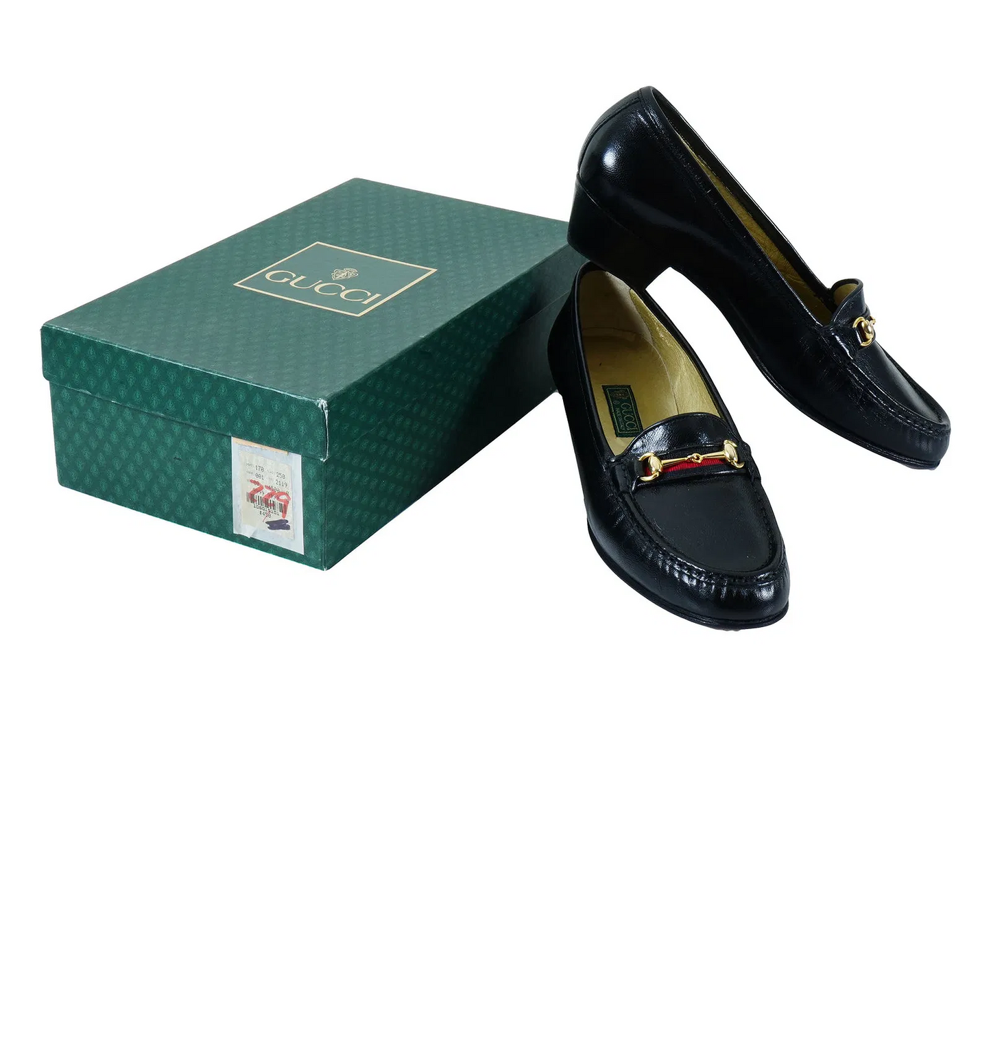 GUCCI size 9.5N black leather 1955 horse-bit heels w red/blue stripe! 300/400