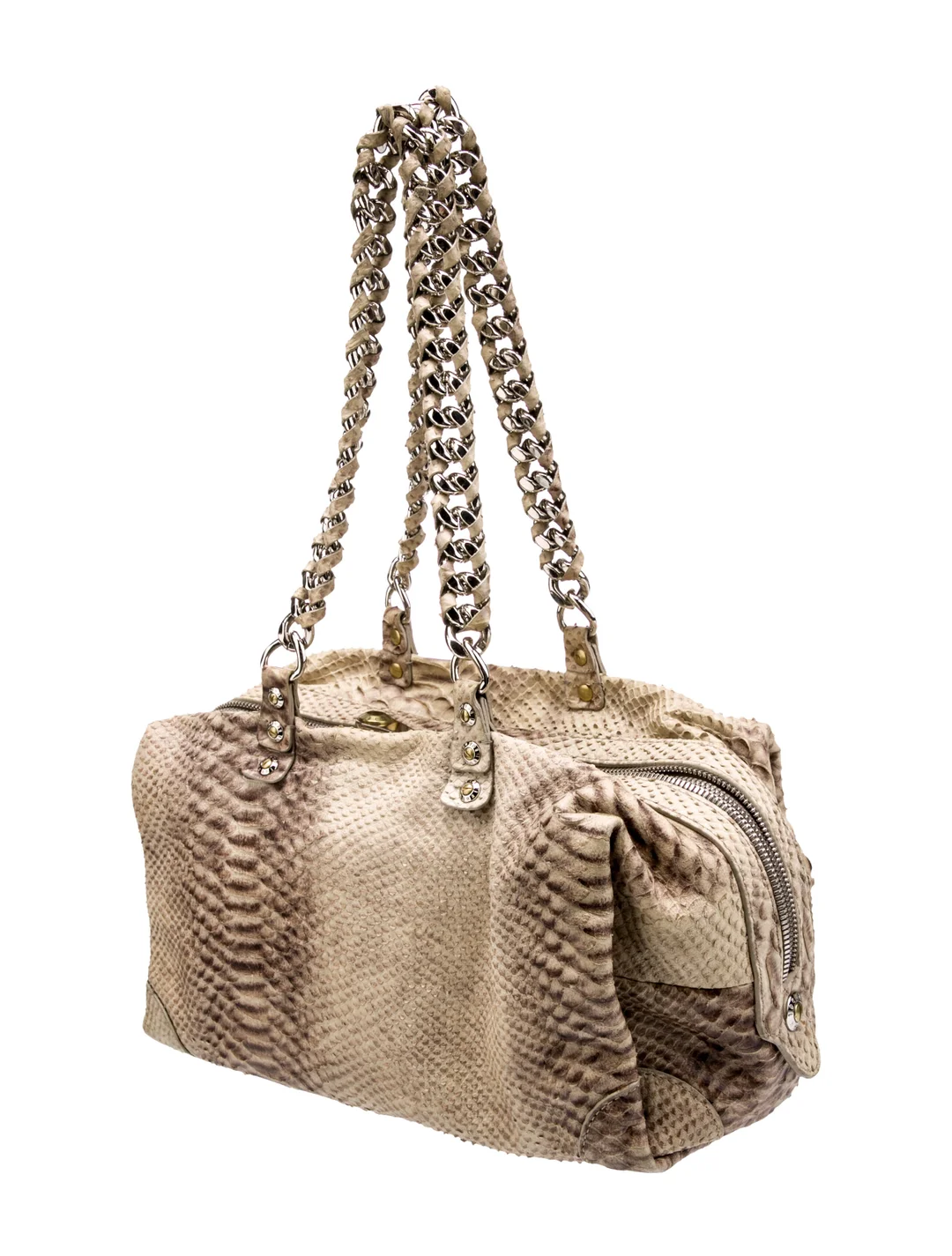 Henri Bendel Neutral Python Leather Shoulder Bag with Chain-Link Shoulder Straps
