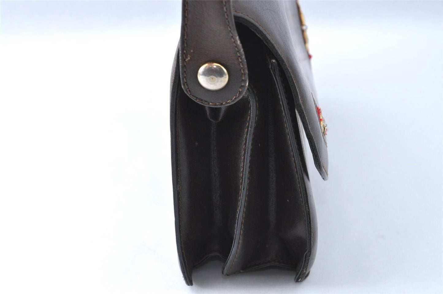 Vintage, Gucci, brown leather, large, envelope snap top, shoulder bag with red/green striped side accents, gold horse-bit accents, and multiple compartments