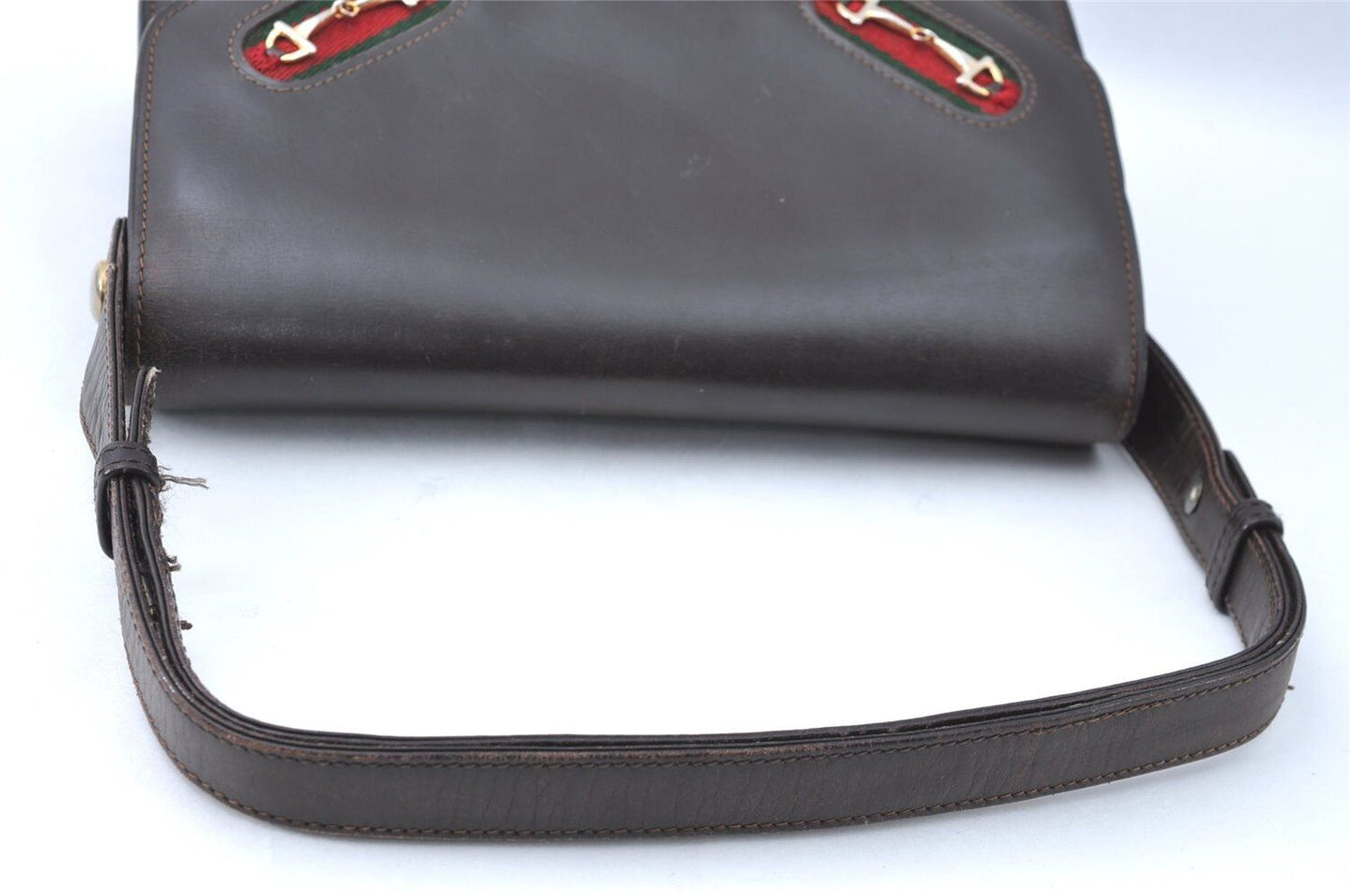 Vintage, Gucci, brown leather, large, envelope snap top, shoulder bag with red/green striped side accents, gold horse-bit accents, and multiple compartments