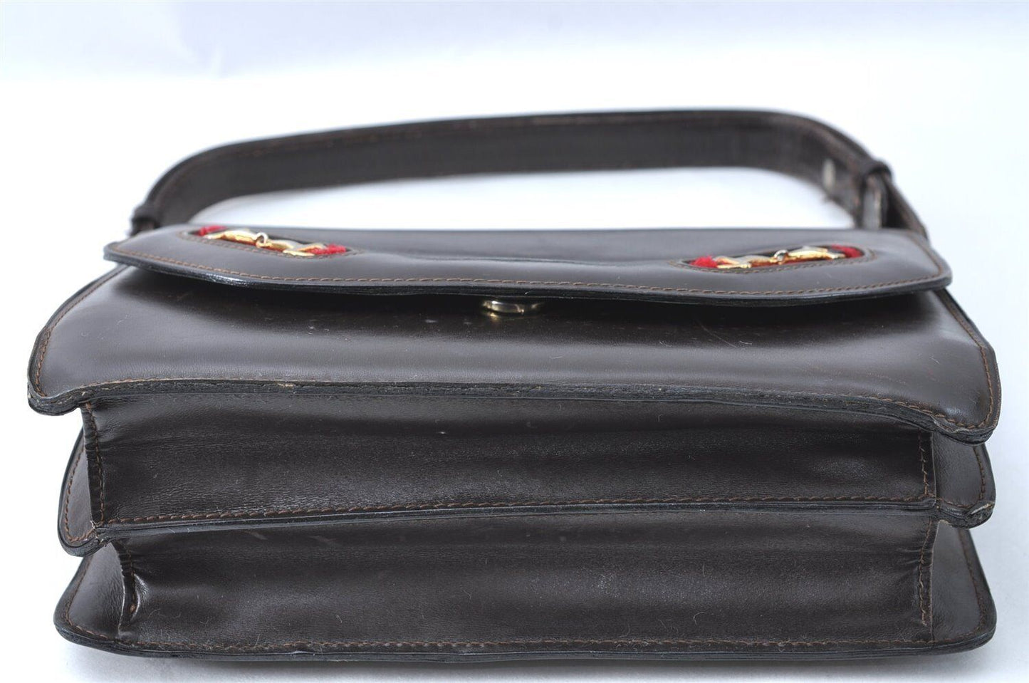 Vintage, Gucci, brown leather, large, envelope snap top, shoulder bag with red/green striped side accents, gold horse-bit accents, and multiple compartments
