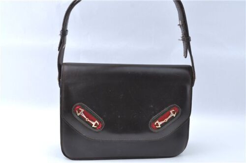 Vintage, Gucci, brown leather, large, envelope snap top, shoulder bag with red/green striped side accents, gold horse-bit accents, and multiple compartments