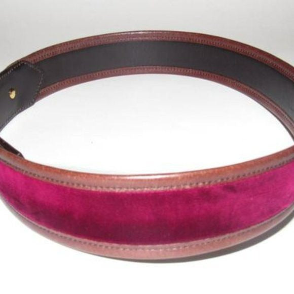 Gucci Brown Leather & Burgundy Velvet Belt w Brass Equestrian Buckle