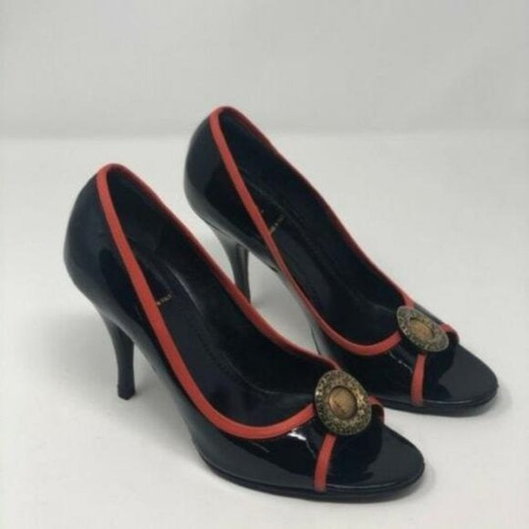 Fendi Black Red Gold Coin Accent Open Toe Heels