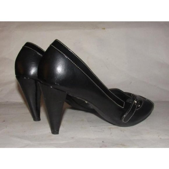 Etienne Aigner CYNTHIA Black Faux Leather & Patent open toe, 3.5" heels with a chrome buckle