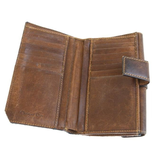Dior Blue Trotter Logo Print Canvas And Brown Leather With Gold Accents Continental Wallet