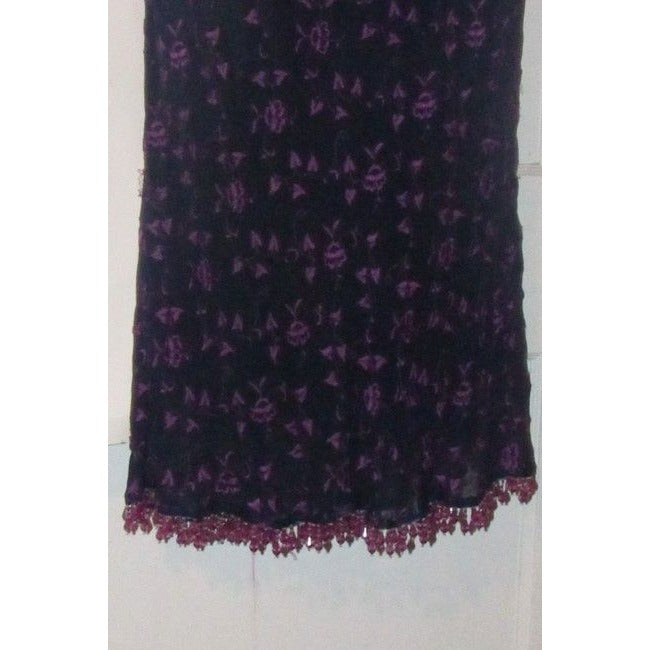 Betsey Johnson Navy Blue With Hand Stitched Purple Floral Design And Dangling Beaded Trim Dress
