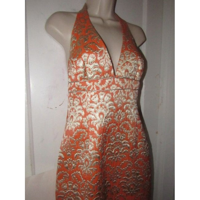 David Meister Orange Metallic Brocade Mid Length Cocktail Dress