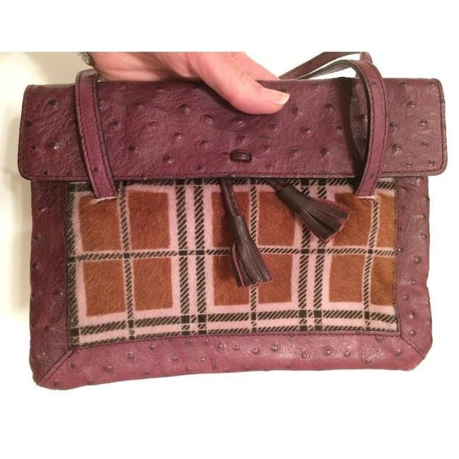Saks Fifth Avenue Vintage Pursesdesigner Purses Purple Ostrich Leather And Plaid Pony Hair And Hobo