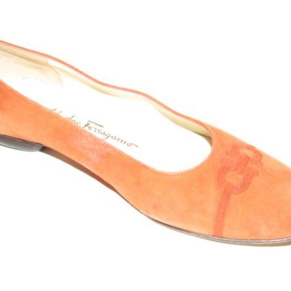 Salvatore Ferragamo Orange Suede Flats With Red Embroidered Gancini Accents At The Toe