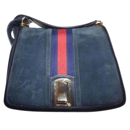 Gucci Vintage Pursesdesigner Purses Blue Suedeleather Trim With Wide Redblue Stripe Suedeleather Sho