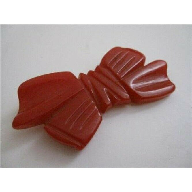 Vintage Carved Petite Cherry Red Bakelite Bow Brooch Pin