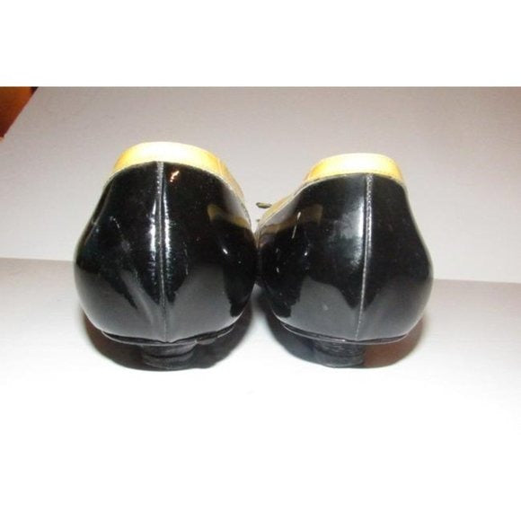 Giorgio Armani Black Glossy Leather, Pointed Toe, Flats with Yellow Trim & Bow Accents