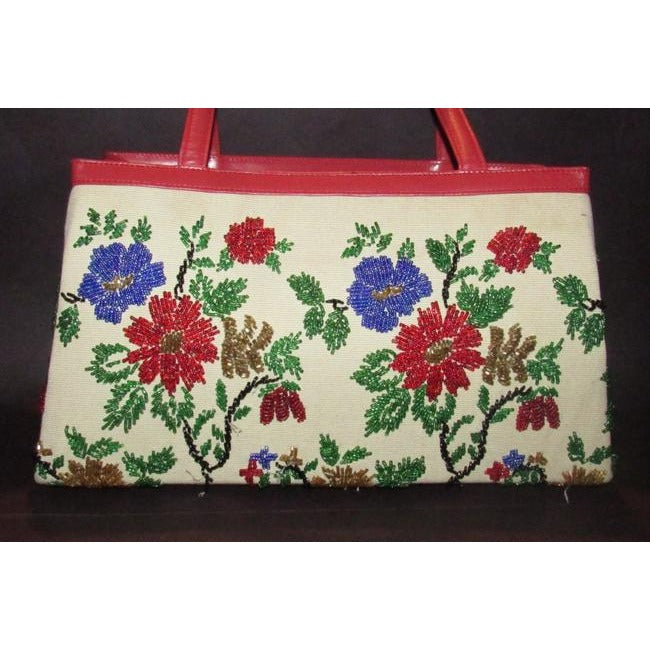Nwot True Red Leather With A Hand Beaded Floral Design On Canvas Glass Beads Satchel