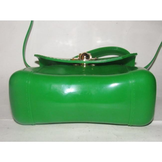 Furla, 'Candy' line, translucent lime jelly plastic, two-way style bag with gold hardware, a twist lock closure, removable strap, and a fun retro style