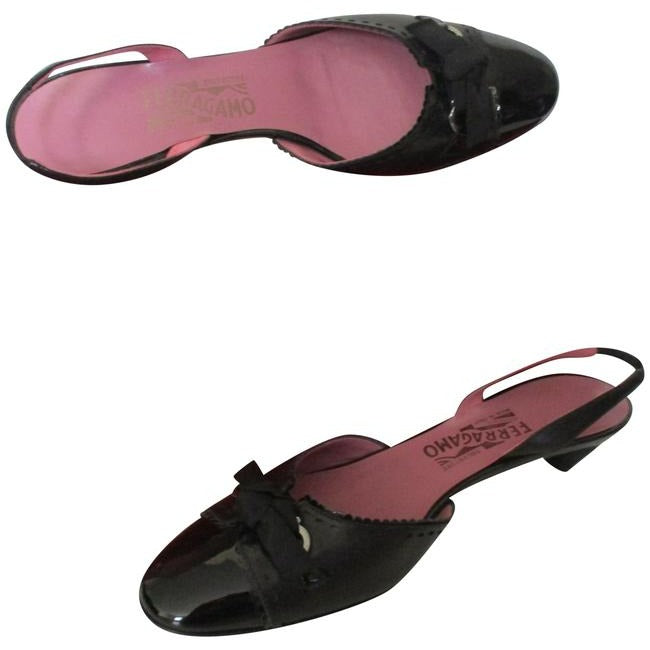 Salvatore Ferragamo Black Patent Bow Slingbacks Pumps Size Us