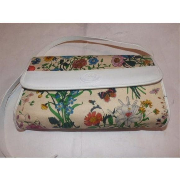 GUCCI Vintage 2-way White Leather Floral Fabric