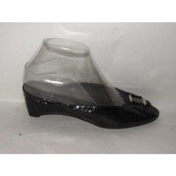 Stuart Weitzman Black Embossed Patent Snakeskin Wdges