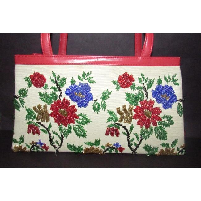 Nwot True Red Leather With A Hand Beaded Floral Design On Canvas Glass Beads Satchel