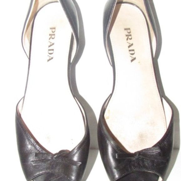 Prada Black Leather Open Toe D'orsay Style Flats with a Bow Accent