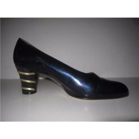 Escada RETRO Blue Patent Leather Pumps with Gold Bands