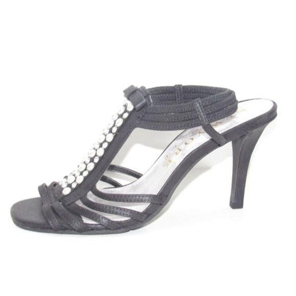 New York Transit Black Strappy Beaded Slingback Heels