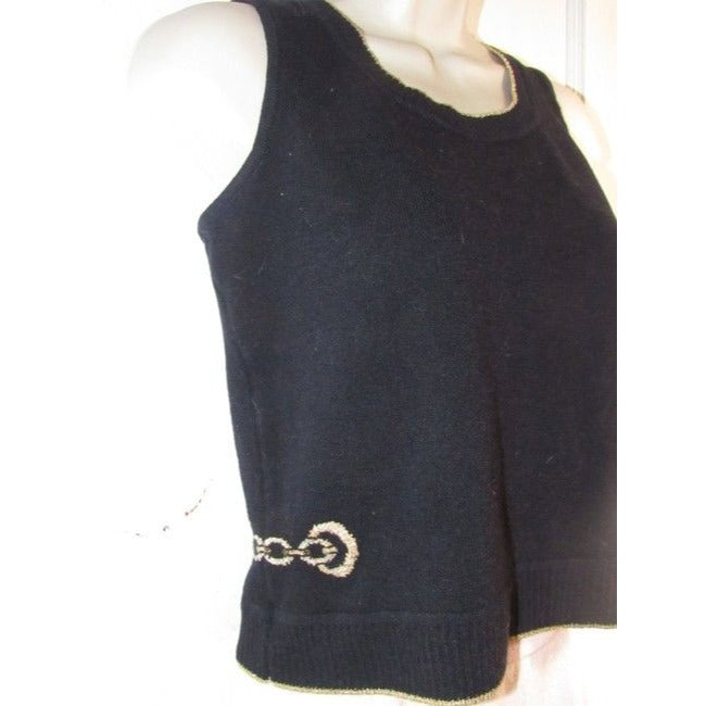 St John Black With Gold Striped Edges And Chain Design Sweater Pullover