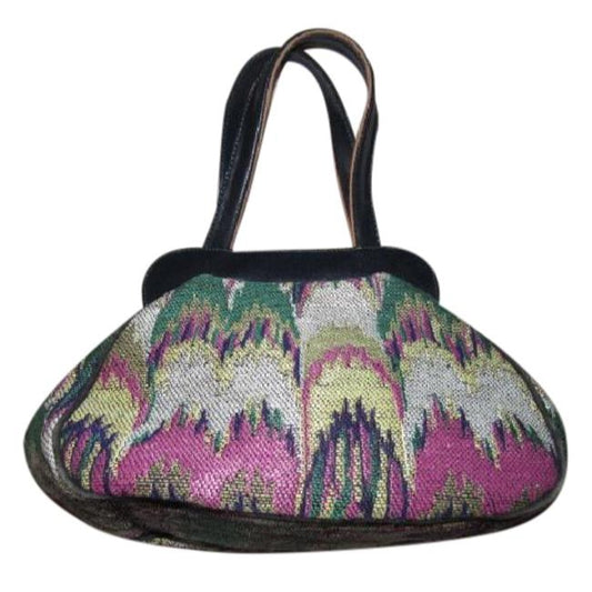 Missoni Vintage Pursesdesigner Purses Navy Blue Leather And Multicolored Chevron Print Fabric Satche