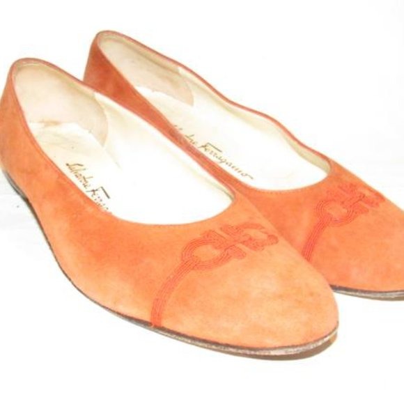 Salvatore Ferragamo Orange Suede Flats With Red Embroidered Gancini Accents At The Toe