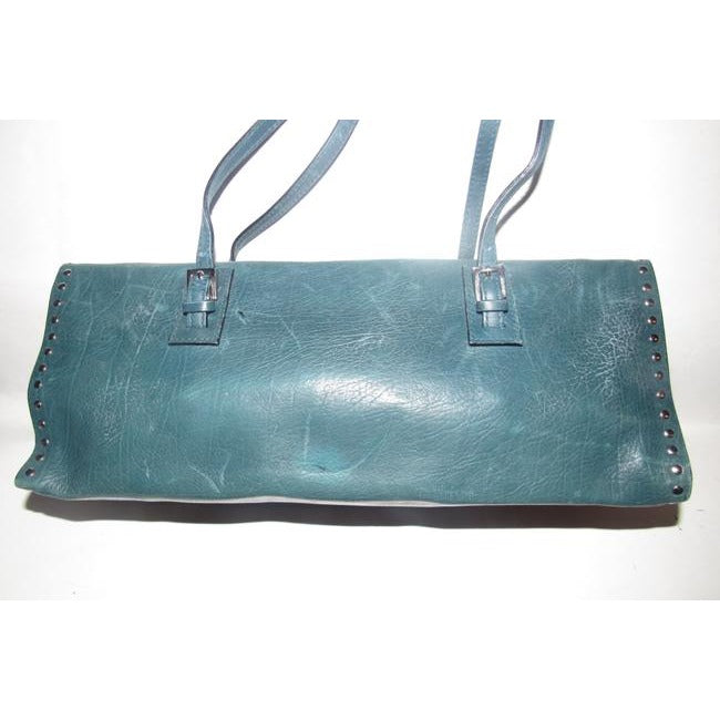 Bally Teal Blue Leather Satchel With Chrome Studded Accents