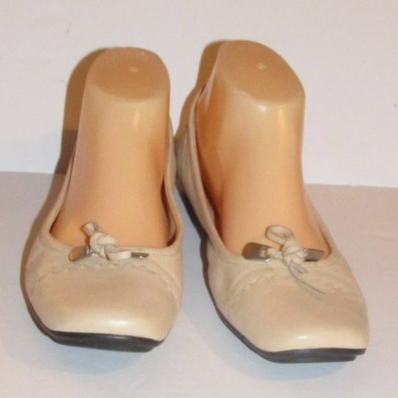 Prada Pink Beige Leather Ballet Flats with an Almond Toe and Bow with Chrome Accents