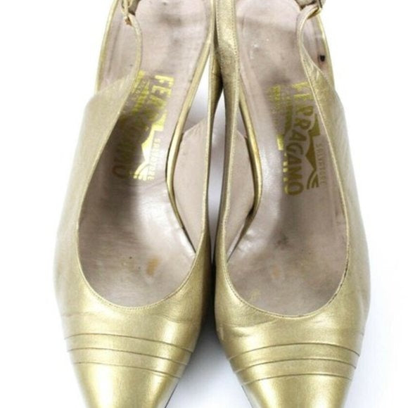 Salvatore Ferragamo Gold Leather Closed Toe, Sling-back Pumps