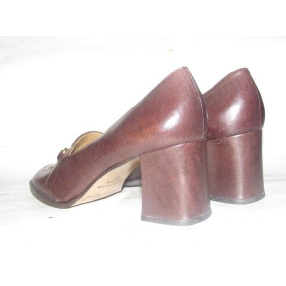 Etienne Aigner Brown Leather 2.5" square heel loafer with a tassel and gold horse-bit accent