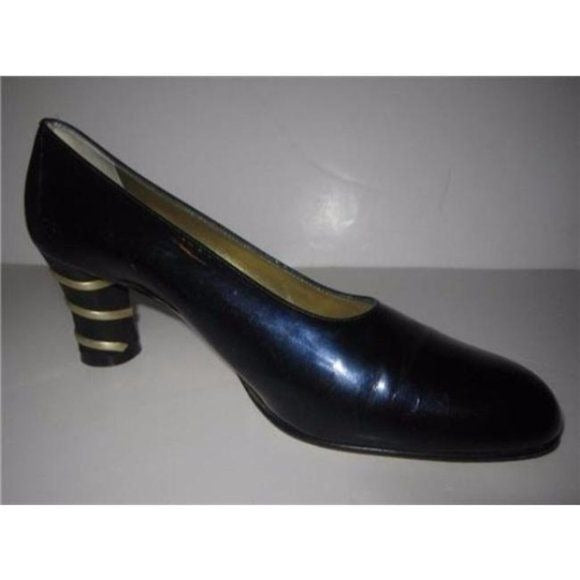 Escada RETRO Blue Patent Leather Pumps with Gold Bands
