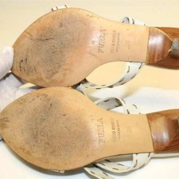 FURLA White Leather 2 Strap Slides with Brown Contrast Stitching & 1.5" Kitten Heels
