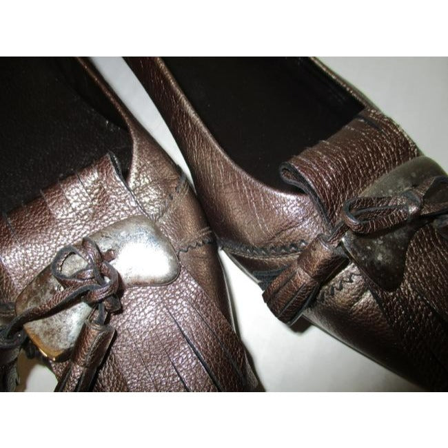 Stuart Weitzman Metallic Pewterdark Gold Pointed Toe Tassel Pewterdark Flats Size Us