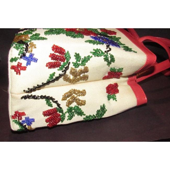 Nwot True Red Leather With A Hand Beaded Floral Design On Canvas Glass Beads Satchel