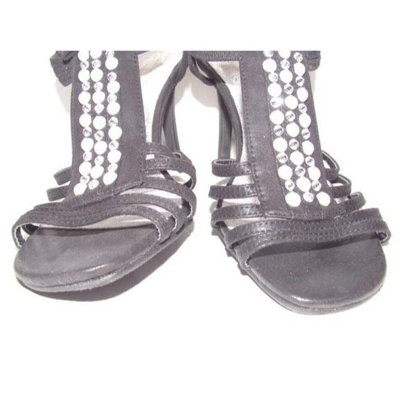 New York Transit Black Strappy Beaded Slingback Heels