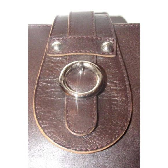 Furla Dark Brown Leather Shoulder Satchel with Camel Piping & Chrome Accents