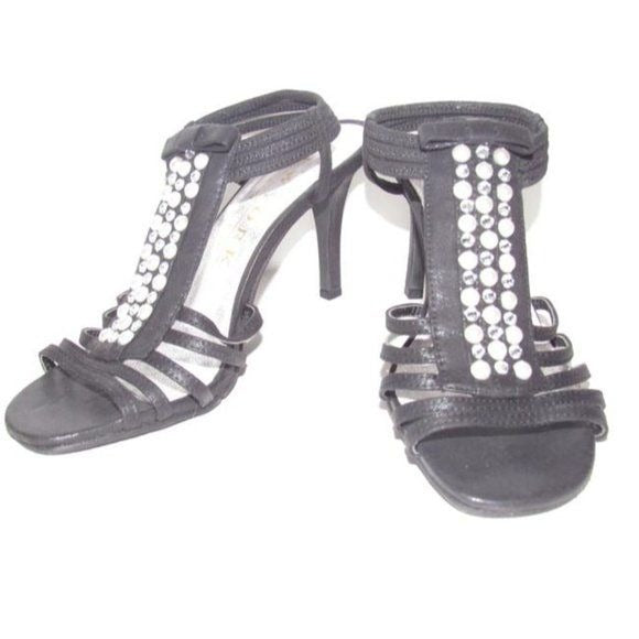 New York Transit Black Strappy Beaded Slingback Heels