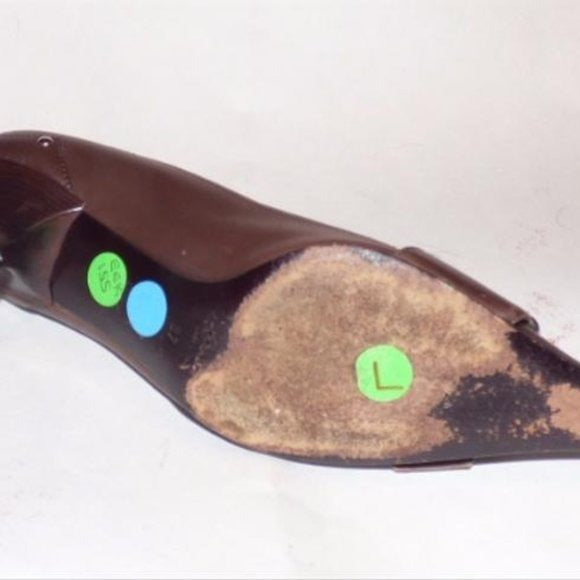 Prada Brown Leather Squared Pointy Toe Kitten Heel Pumps with Chrome Buckles