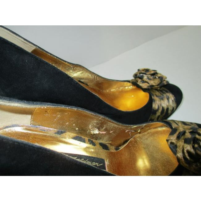 Beverly Feldman Black And Gold Leopard Soft Brushed Suede Pumps Size Us
