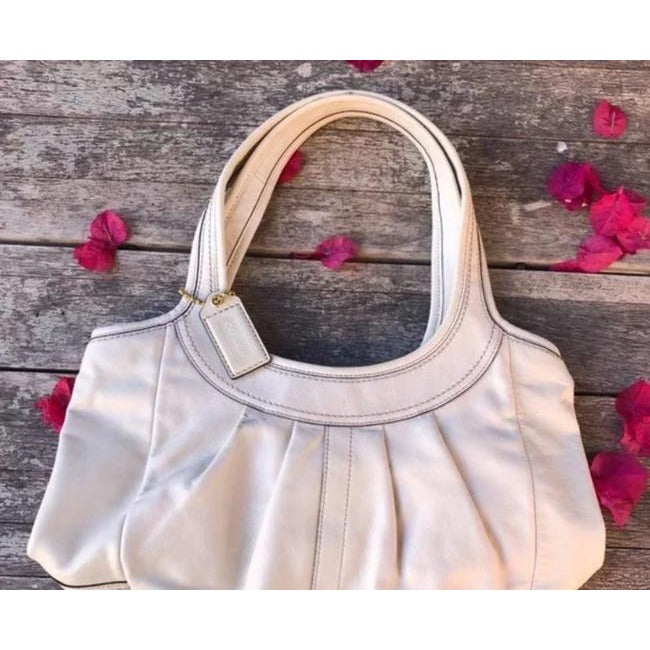 Coach Ivory/ Tattersall Ergo Leather Tote w/ a Pleated Top & Plaid Lining