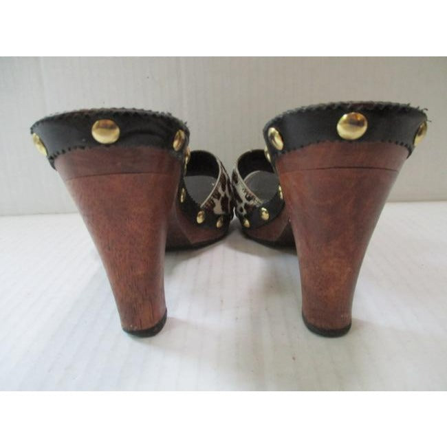 Franco Sarto Black Leopard Wood Short Hair Brass Studded Mulesslides Size Us