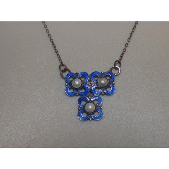 Modernist, David Andersen/Willy Winnaess, Blue Enamel & Pearl Pendant on a Sterling Necklace