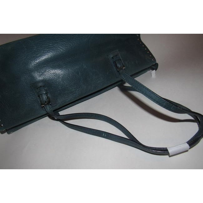 Bally Teal Blue Leather Satchel With Chrome Studded Accents