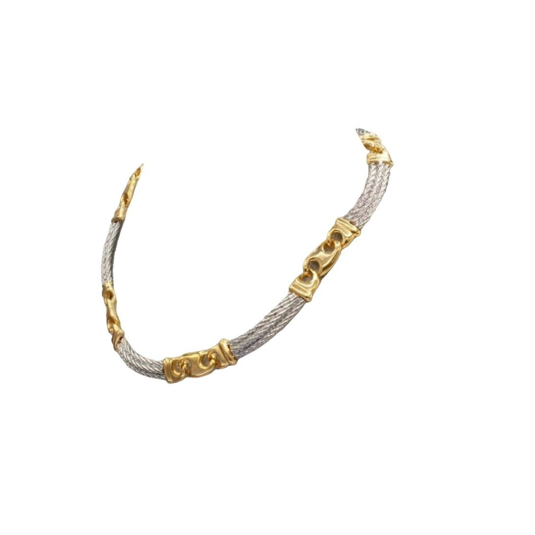 Paolo Gucci, 17" long , two-tone necklace made from interlocking, polished, gold, 'Gucci' mariner and brushed silver rope links